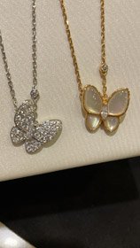 Van Cleef & Arpels White Mother-of-Pearl Diamond Floral Butterfly Necklace-3733