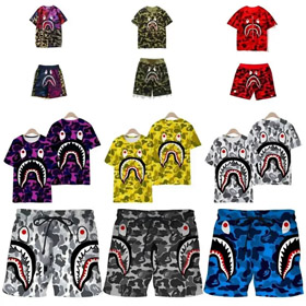 Bape shark zipper letter full print camouflage pattern short-sleeved T-shirt shorts set-2818